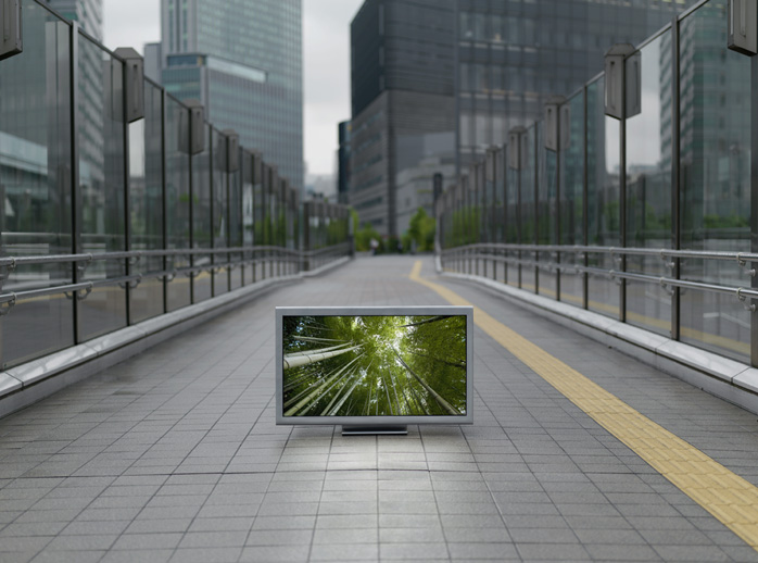 Flat TV placed on urban street, Shiodome area